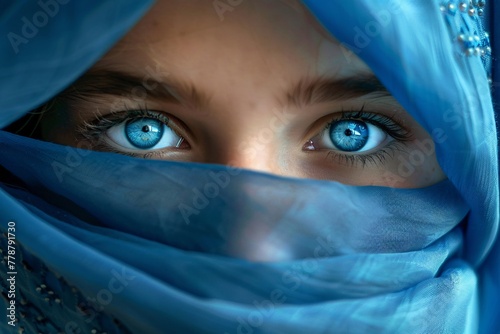 beautiful light gradient blue eyes under a giant blue hijab