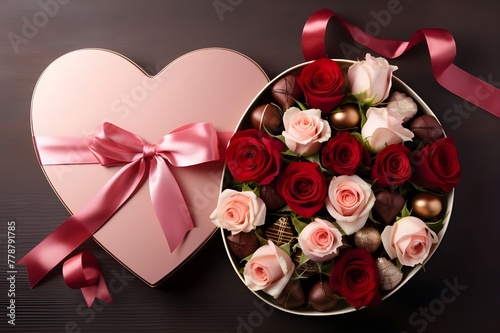 Vista superior pétalas de rosas vermelhas com rosas vermelhas dentro da caixa para o dia dos namorados em fundo escuro coração mulher sentindo paixão amor casal cor
 photo
