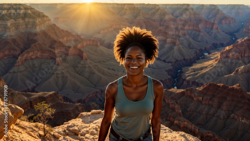 Bellissima donna di origini afro-americane sorride felice durante un trekking in vacanza nel Parco nazionale del Grand Canyon in Arizona