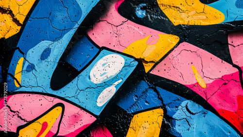 Colorful graffiti street art on a wall, showing vibrant abstract patterns and urban style.