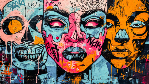 A vibrant graffiti mural with expressive faces painted on an urban wall  showcasing urban street art and culture.
