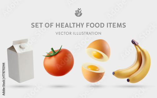 A Set of Healthy Food 3D Vector Items: Milk, Tomato, Egg, Banana