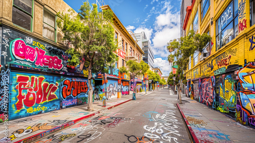 Panoramic view of a vibrant urban alley covered with colorful graffiti and street art on a sunny day. photo