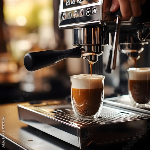 Foto un barista o un cameriere di mezza età che usa una macchina per l'espresso per fare il caffè in una caffetteria
 photo