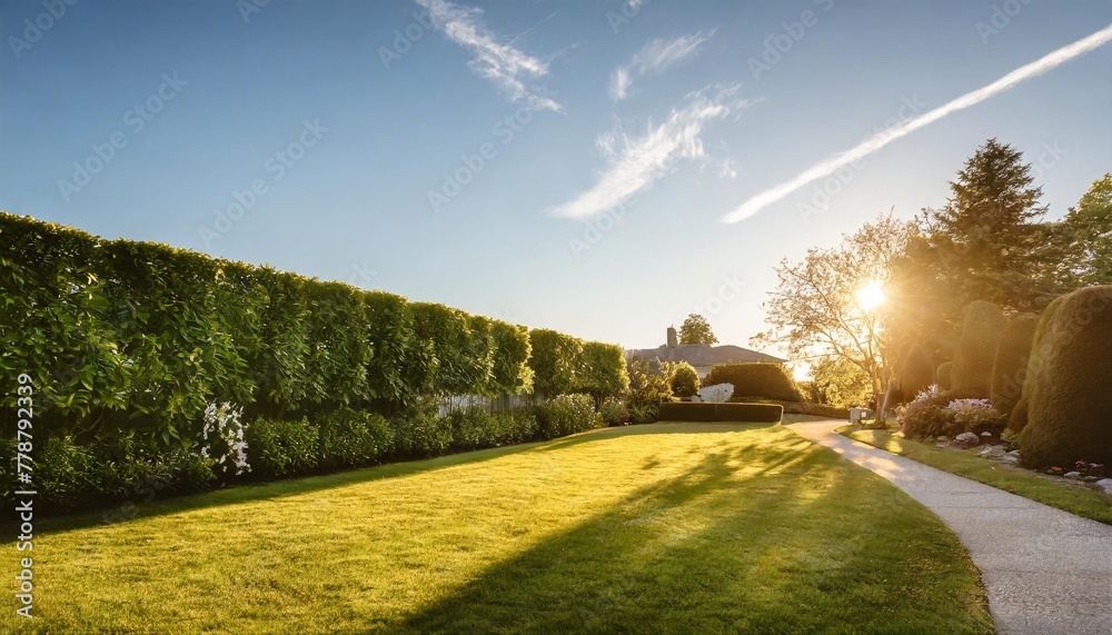 home garden landscape a green lawn and a big hedge on a blue sky background