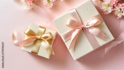 greeting card with two gift boxes with pink ribbon bows top view with space for your greetings on pink background spring holiday present valentine mother father day © Leila