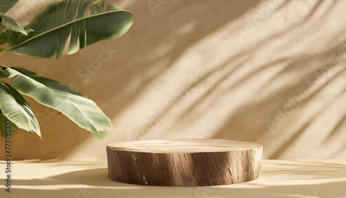 natural log wood podium table in sunlight tropical banana tree shadow on beige concrete wall for organic cosmetic skincare beauty treatment product display background 3d