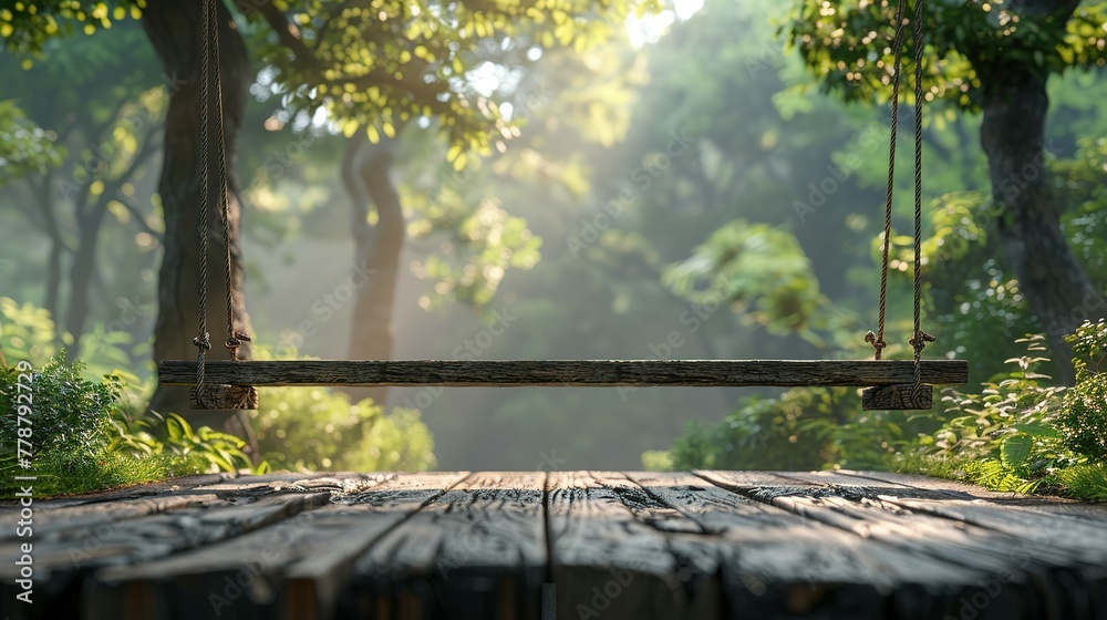 Old wooden terrace with wicker swing hang on the tree with blurry nature background 3d render Old wooden terrace with wicker swing hang on the tree with blurry nature background 3d render