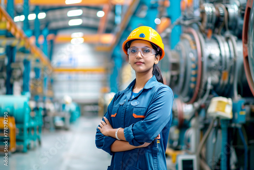 Portrait of a Indian woman engineer in a factory. AI Generative