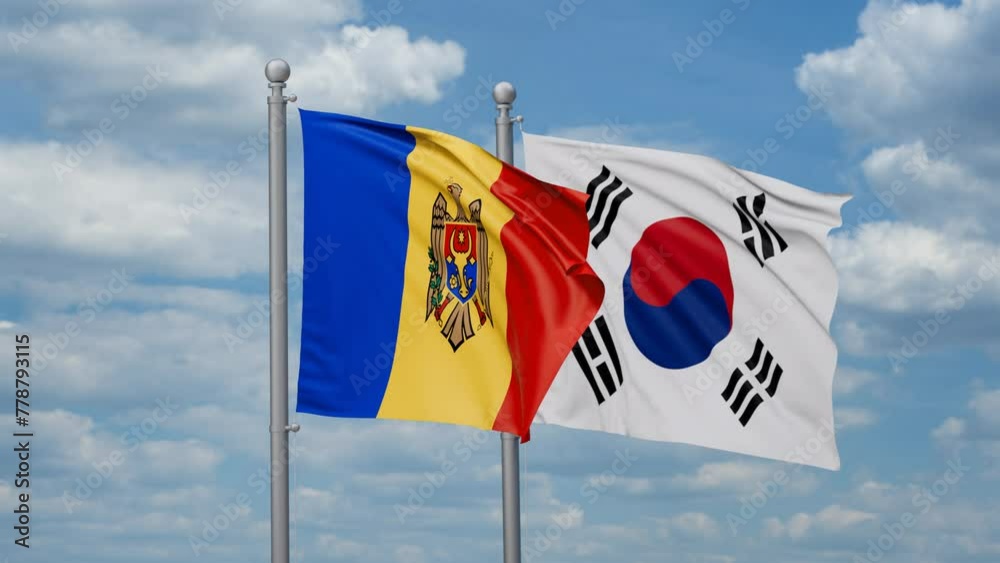 South Korea or Republic of Korea or ROK and Moldova two flags waving together, looped video, two country cooperation concept South Korea or Republic of Korea or ROK and Moldova two flags waving together, looped video, two country cooperation concept