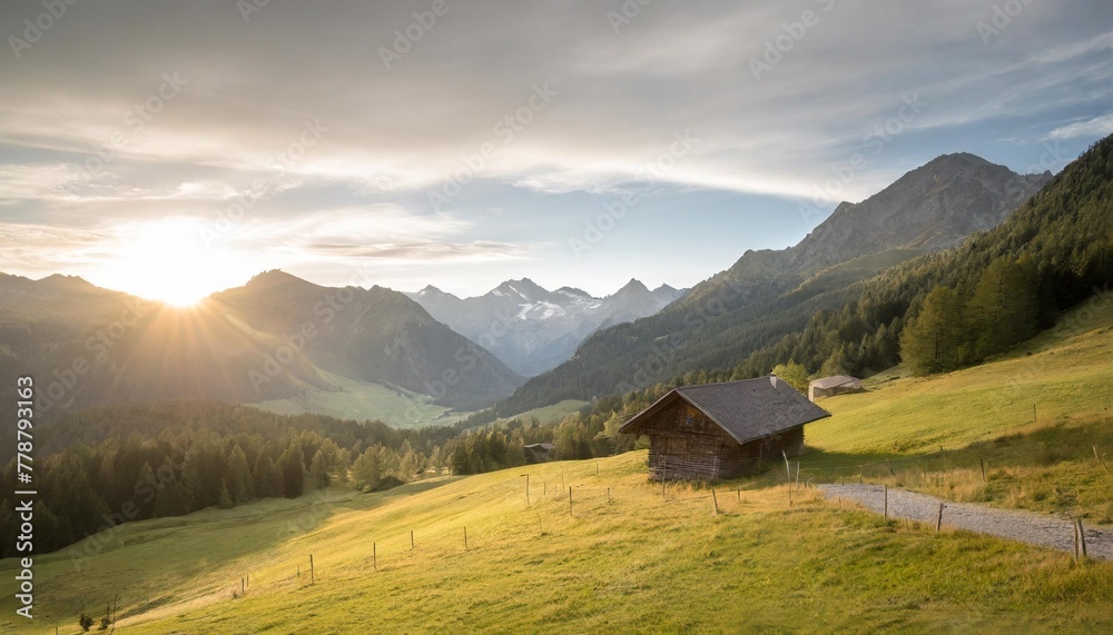 idyllic landscape in the alps with mountain chalet and green meadows