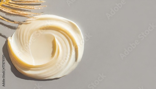 sunscreen texture macro white moisturising cream swatch face lotion or mask strokes butter cream skin care sample cosmetic smudge on grey background closeup beauty product top view copy space
