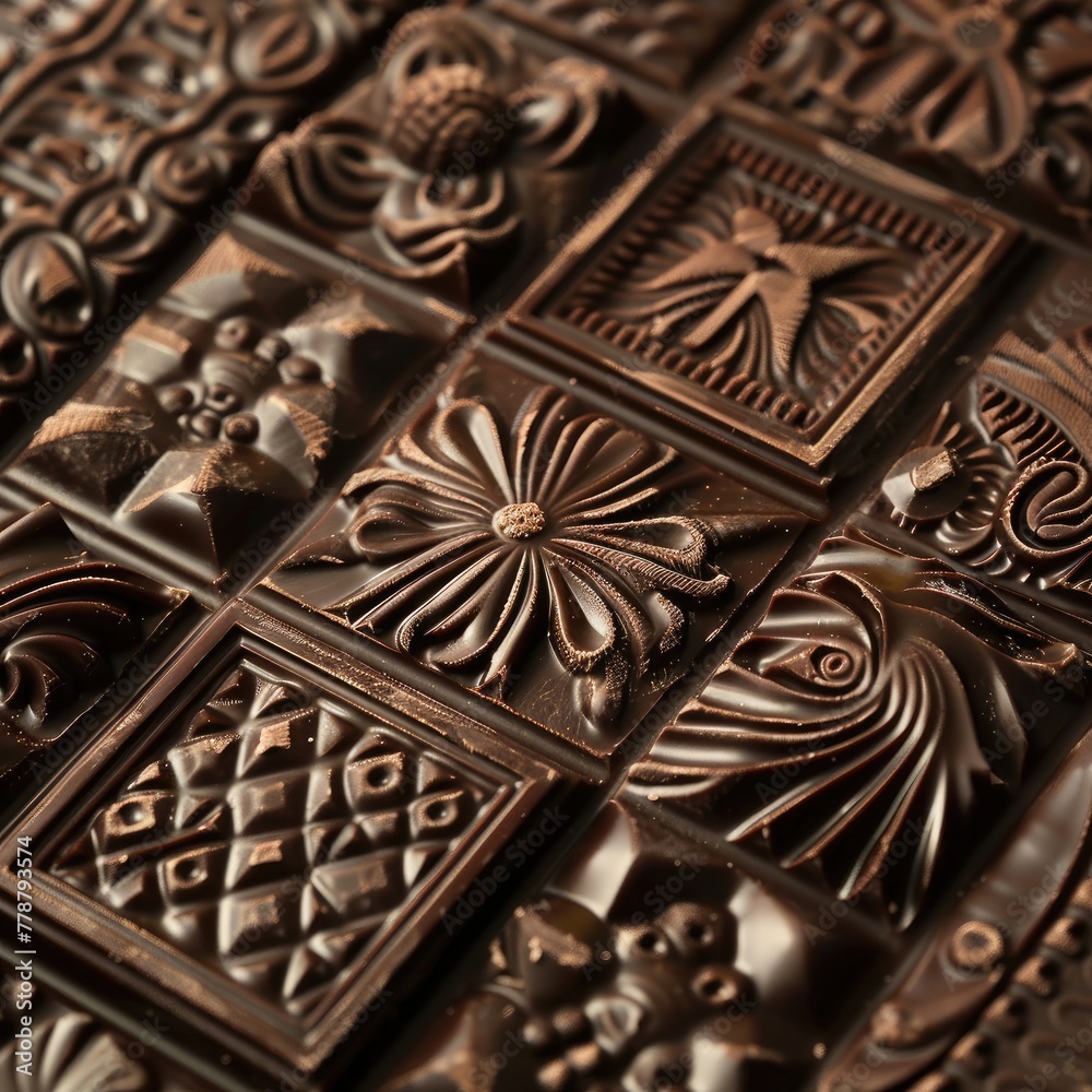 The intricate patterns on a piece of artisanal chocolate focusing on the hand-crafted details