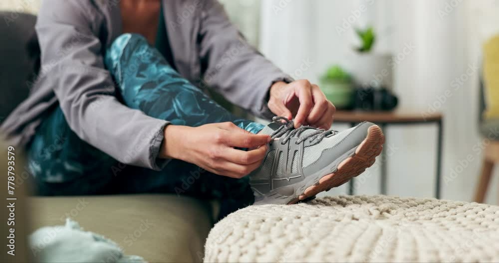 Woman, runner and lacing up shoes in home, morning jog for wellness and cardio fitness health. Exercise, trainers and workout clothes for comfort and support, vitality and running sport for athlete Woman, runner and lacing up shoes in home, morning jog for wellness and cardio fitness health. Exercise, trainers and workout clothes for comfort and support, vitality and running sport for athlete
