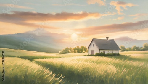 beautiful illustration of a small house in the middle of lush green field