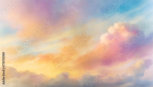 colorful watercolor background of abstract sunset sky with puffy clouds in bright rainbow colors of pink blue yellow orange and purple
