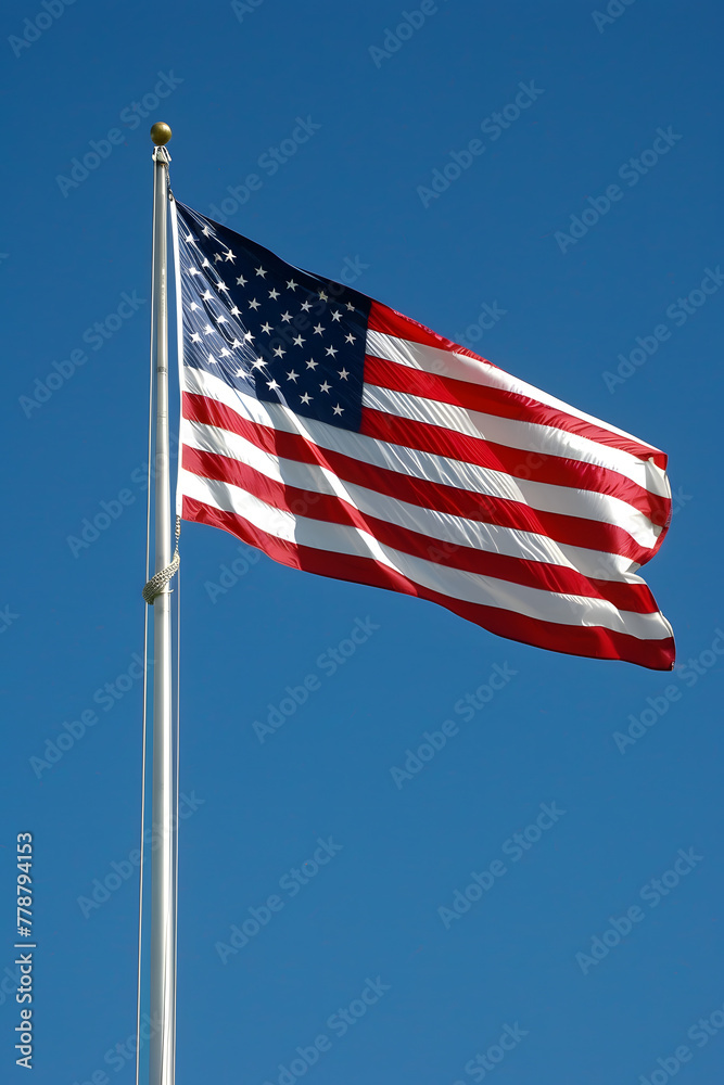 American flag on a pole waving in the wind with clear blue sky in the background. Patriot's day celebration. American flag on a pole waving in the wind with clear blue sky in the background. Patriot's day celebration.