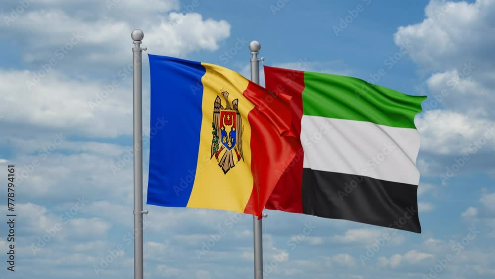 United Arab Emirates and Moldova two flags waving together, looped video, two country cooperation concept United Arab Emirates and Moldova two flags waving together, looped video, two country cooperation concept