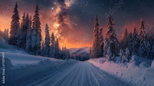 The road leading to a colorful sunrise between snow-covered trees is framed by an epic Milky Way in the sky. © Praphan