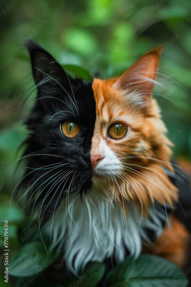 A cat with a black and orange face is staring at the camera