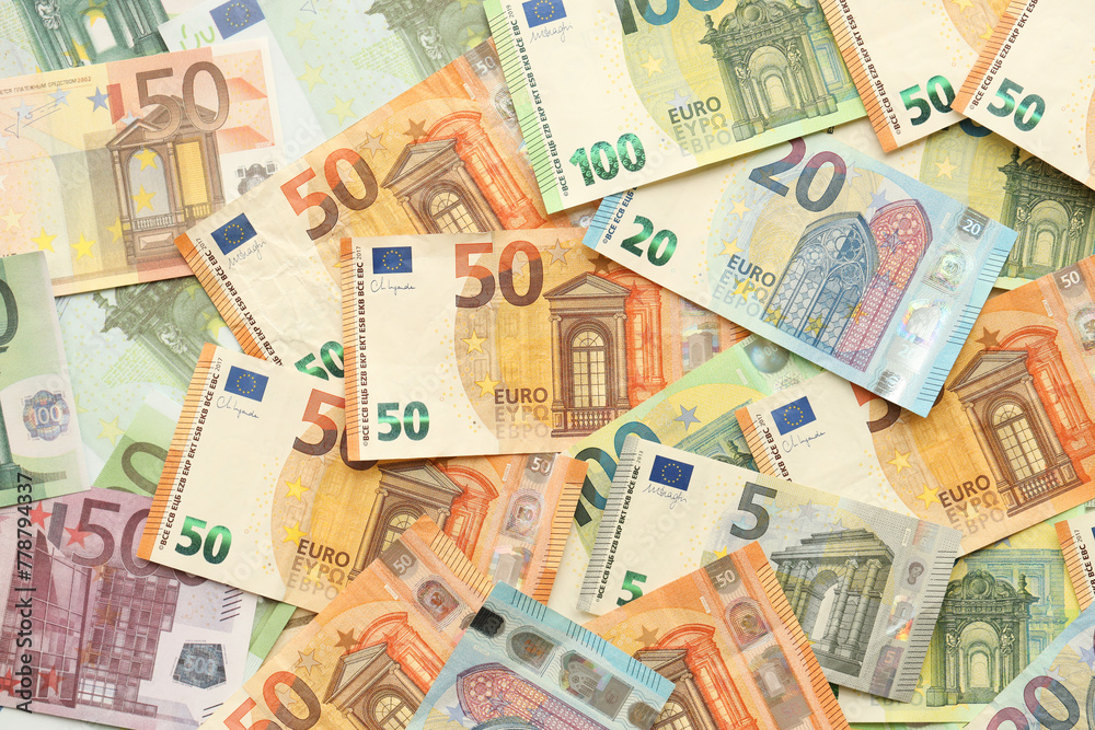 Many european euro money bills. Lot of banknotes of european union currency close up