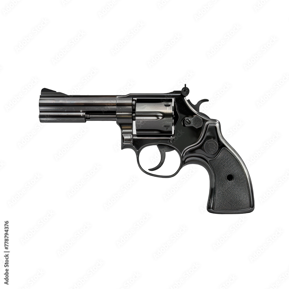 Side view of a black revolver with black grip isolated on a cutout PNG transparent background Side view of a black revolver with black grip isolated on a cutout PNG transparent background