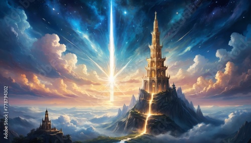 A grand tower emits a bright beam into the cosmos from a mountaintop, surrounded by a fantastical sky and smaller structures.. AI Generation