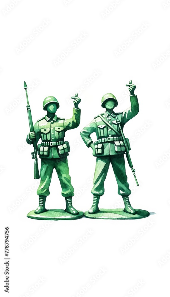 Watercolor illustration of green toy soldiers gesturing a Korean mini heart sign, blending playfulness with military motifs.
