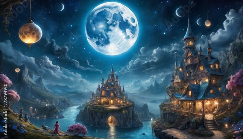 A captivating night scene of a mystical castle built into a cove, bathed in moonlight with planets and moons hanging in the starry sky.. AI Generation