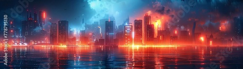 Underwater cyber city, neon, night, submerged digital metropolis , sci-fi tone