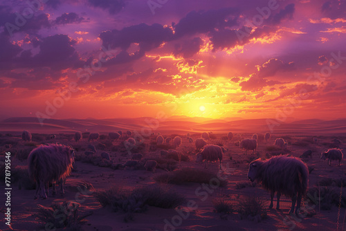 Generate an AI image of a mystical sunrise in the desert, with the horizon ablaze in hues of purple and gold. A herd of goats, their fur shimmering in the early light, peacefully grazes on sparse dese photo