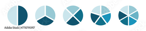 Circle pie charts 2, 3, 4, 5, 6 part, step set. Circuler pie chart, infographics cyan color element set - Vector.