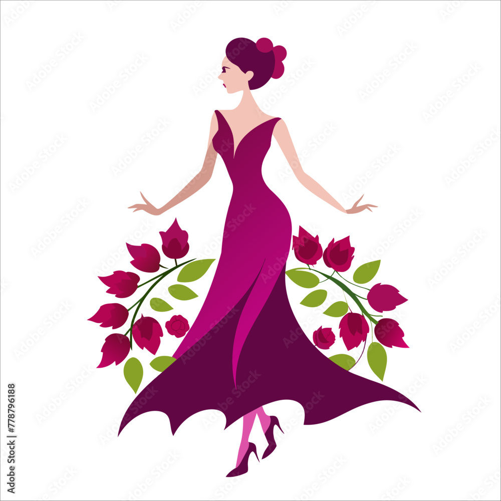 Beautiful girl in a dress with floral ornament vector Beautiful girl in a dress with floral ornament vector