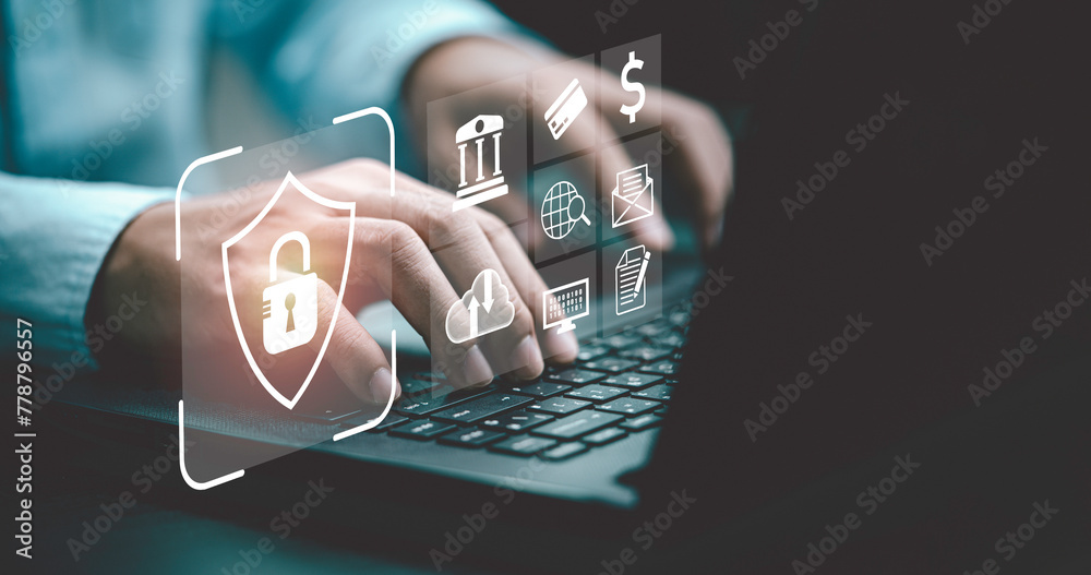 Businessman using laptop input user name password to internet access and encryption to computer system for cybersecurity network and user security concept. - obrazy, fototapety, plakaty 
