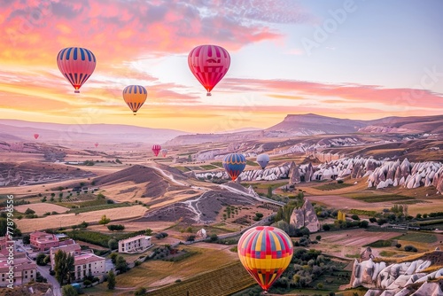 Colorful hot air balloons flying over a serene landscape at sunrise in Cappadocia, Turkey, showcasing the beauty of travel.