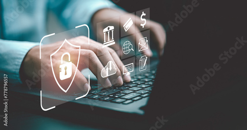 Businessman using laptop input user name password to internet access and encryption to computer system for cybersecurity network and user security concept.