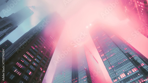 Pink-hued cityscape at night with illuminated skyscrapers extending into the misty sky.