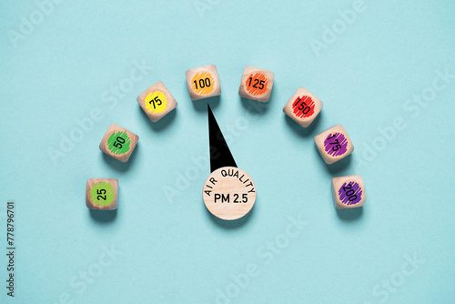 Photography Air quality indicator scale on blue background which check PM 2