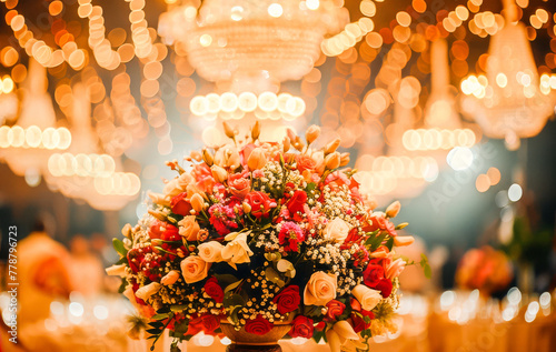 A beautiful bouquet of flowers at a wedding reception, with elegant chandeliers and warm lighting in the background.
