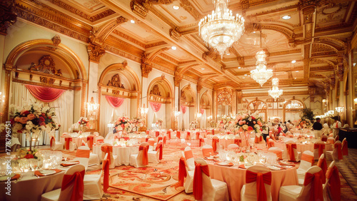 An exquisite banquet hall set for a grand and lavish wedding reception, adorned with elegant floral arrangements and shimmering chandeliers.