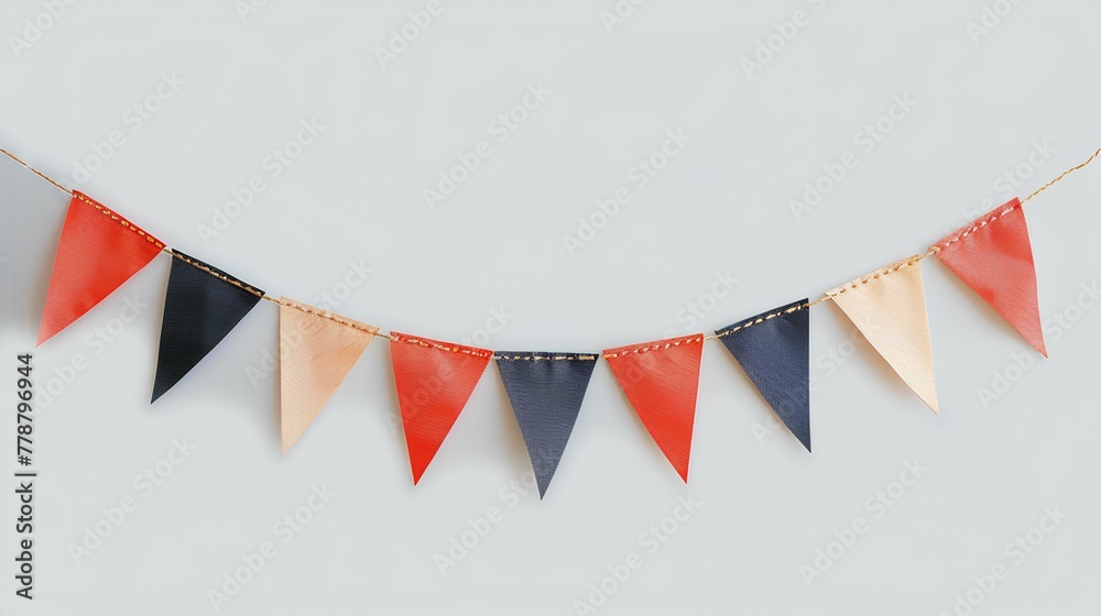 Fototapeta premium Party flag garland isolated on white background with shadow. Colorful flag garland for birthday parties and other celebrations. Colorful knitted party flags on a string