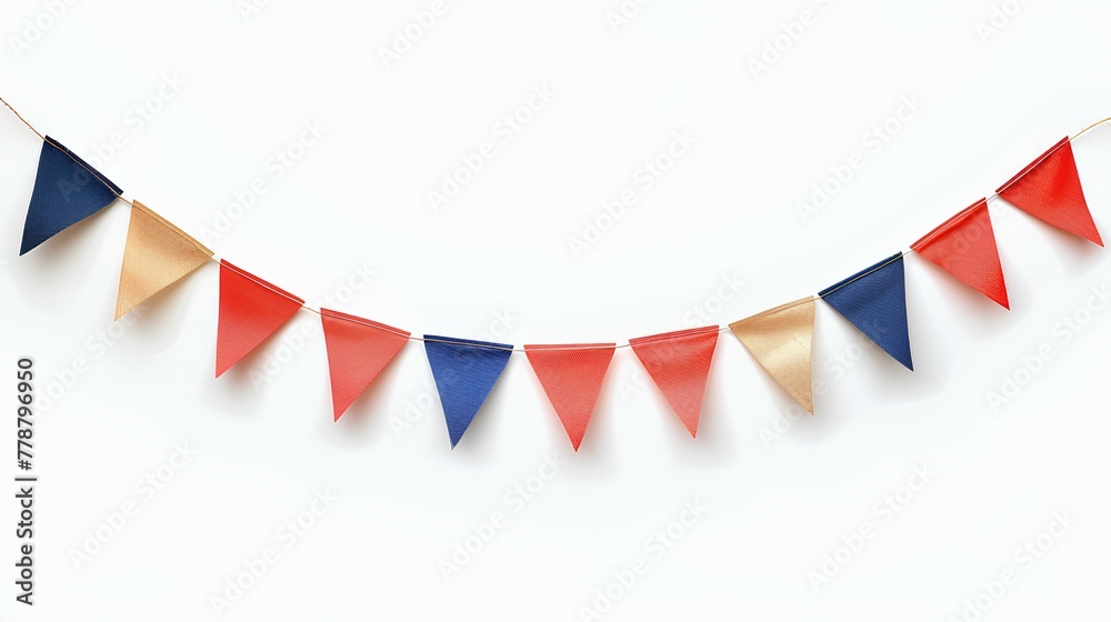 Fototapeta premium Party flag garland isolated on white background with shadow. Colorful flag garland for birthday parties and other celebrations. Colorful knitted party flags on a string