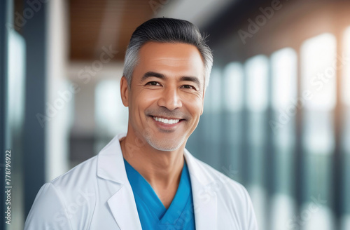 Middle aged male doctor in white scrubs, smiling looking in camera, Portrait of man medic professional, hospital physician, confident practitioner or surgeon at work. large windows blurred background