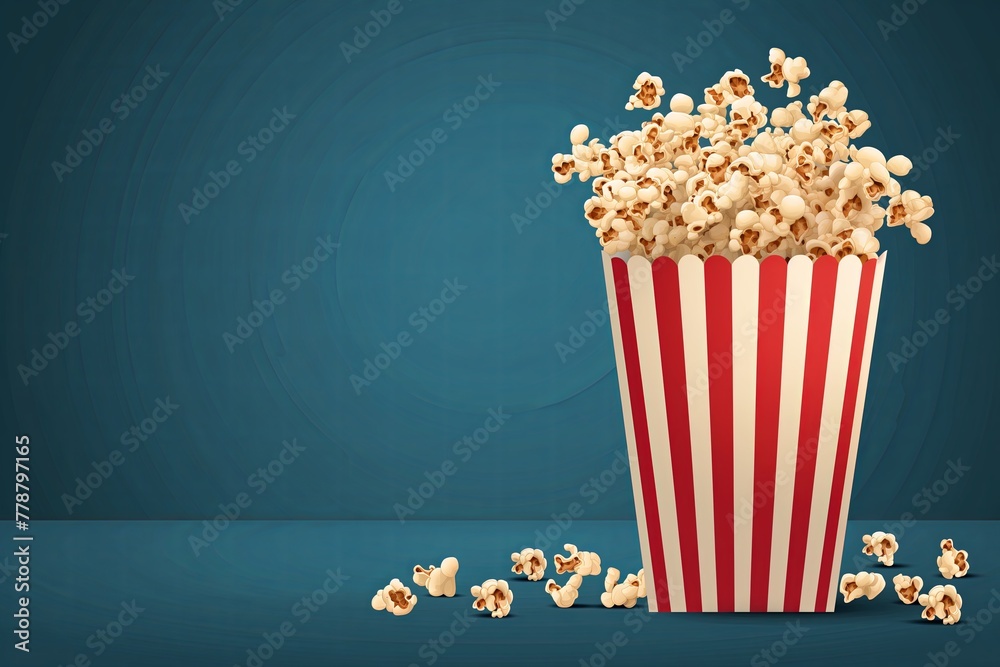 An enticing image of a full popcorn box, with its contents cheerfully scattered, set against a dark blue background.