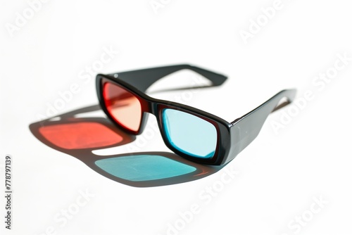 A sharp image of anaglyph 3D glasses casting a red and blue shadow, symbolizing perspective, vision, and the classic 3D experience.
