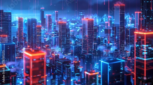 Cutting-edge visualization of a blockchain-powered futuristic metropolis, redefining urban landscapes AI Image