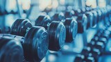 Dumbbells in a gym with background equipment for body building and strength training. Concept of fitness club or body building training with space for copy and design.