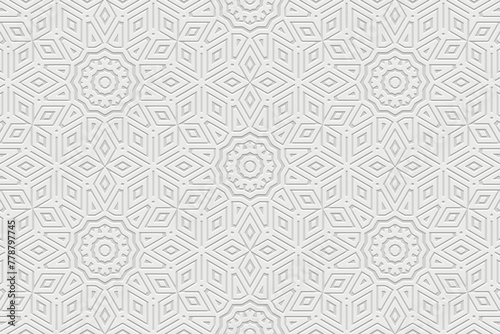 Embossed white background, ethnic cover design. Geometric elegant 3D pattern. Tribal handmade style, doodling, boho. Ornamental vintage exoticism of the East, Asia, India, Mexico, Aztec, Peru.