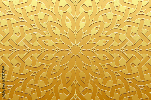 Embossed gold background, ethnic cover design. Geometric gold artistic 3D pattern. Handmade, doodling, boho. Ornamental vintage exoticism of the East, Asia, India, Mexico, Aztec, Peru.