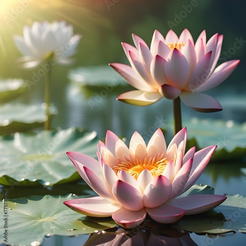 Lotus Flower Or Water Lily over bokeh background. Happy Vesak day concept. lotus water lily blooming on water surface purity nature background  aquatic plant  symbol of buddhism